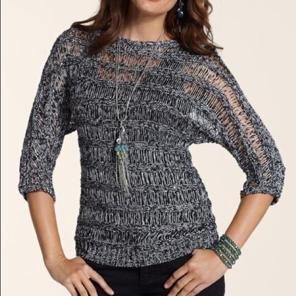 Chicos Apparel Delicate Glitz Sequins 3/4 Sleeve Pullover Sweater Black Silver 2 - Picture 1 of 8